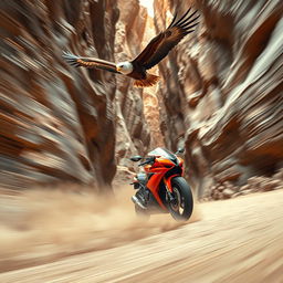 A thrilling scene depicting a speeding motorcycle racing through a narrow canyon, surrounded by towering rock formations