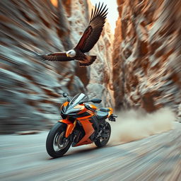 A thrilling scene depicting a speeding motorcycle racing through a narrow canyon, surrounded by towering rock formations