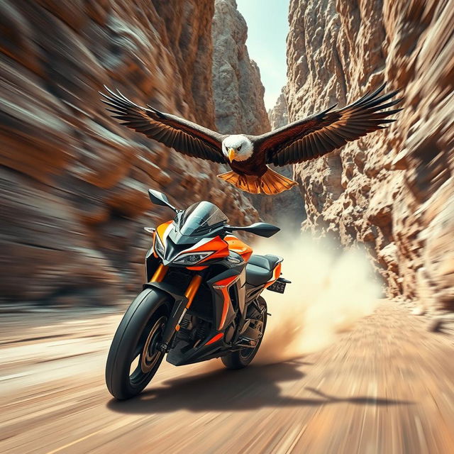 A thrilling scene depicting a speeding motorcycle racing through a narrow canyon, surrounded by towering rock formations