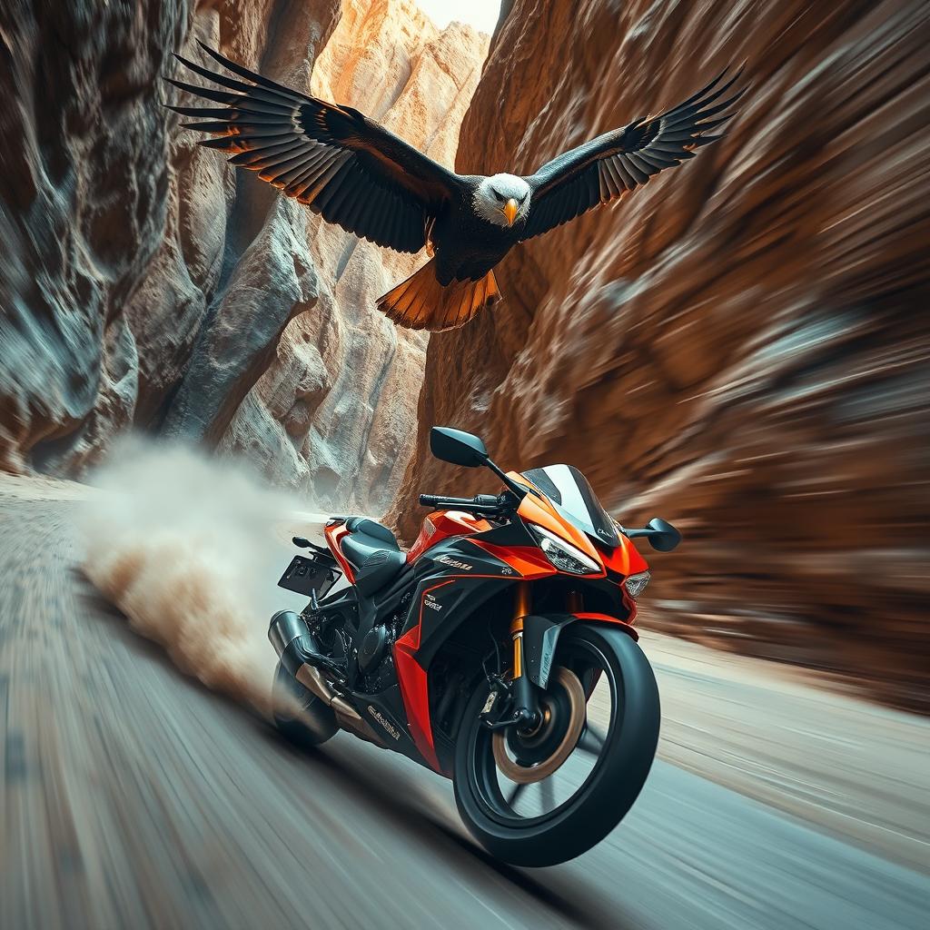 A thrilling scene depicting a speeding motorcycle racing through a narrow canyon, surrounded by towering rock formations