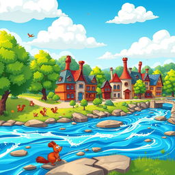 A vibrant cartoon-style landscape featuring a flowing river and a series of whimsical, colorful buildings on the riverbanks