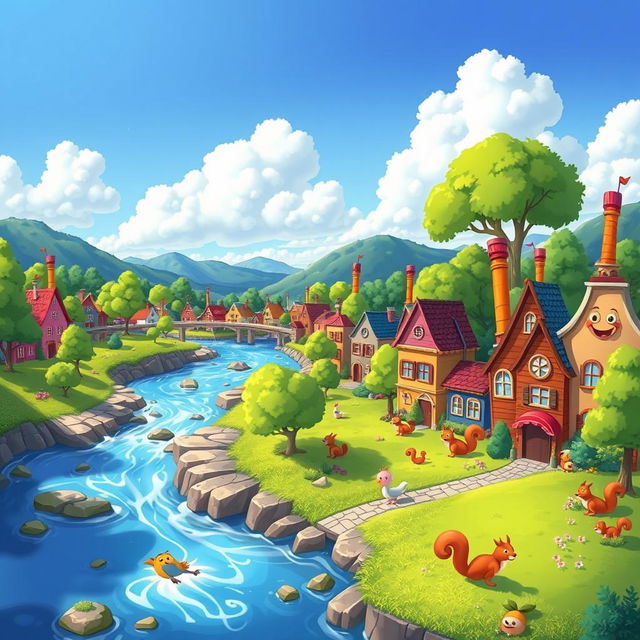 A vibrant cartoon-style landscape featuring a flowing river and a series of whimsical, colorful buildings on the riverbanks