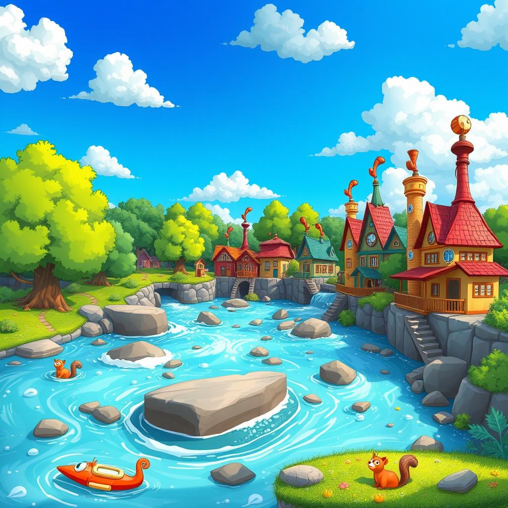 A vibrant cartoon-style landscape featuring a flowing river and a series of whimsical, colorful buildings on the riverbanks