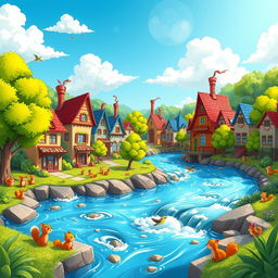 A vibrant cartoon-style landscape featuring a flowing river and a series of whimsical, colorful buildings on the riverbanks