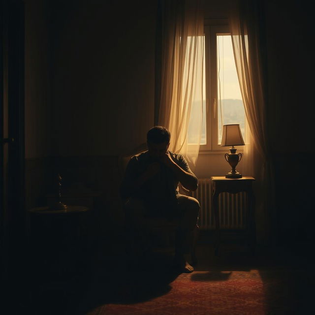 A cinematic scene inspired by an emotional Persian song, featuring a man sitting alone in a dimly lit room, holding a shirt close to him as if embracing a cherished memory