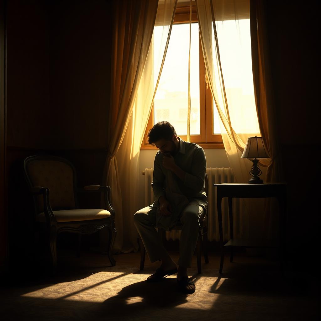 A cinematic scene inspired by an emotional Persian song, featuring a man sitting alone in a dimly lit room, holding a shirt close to him as if embracing a cherished memory