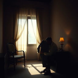 A cinematic scene inspired by an emotional Persian song, featuring a man sitting alone in a dimly lit room, holding a shirt close to him as if embracing a cherished memory