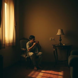 A cinematic scene inspired by an emotional Persian song, featuring a man sitting alone in a dimly lit room, holding a shirt close to him as if embracing a cherished memory