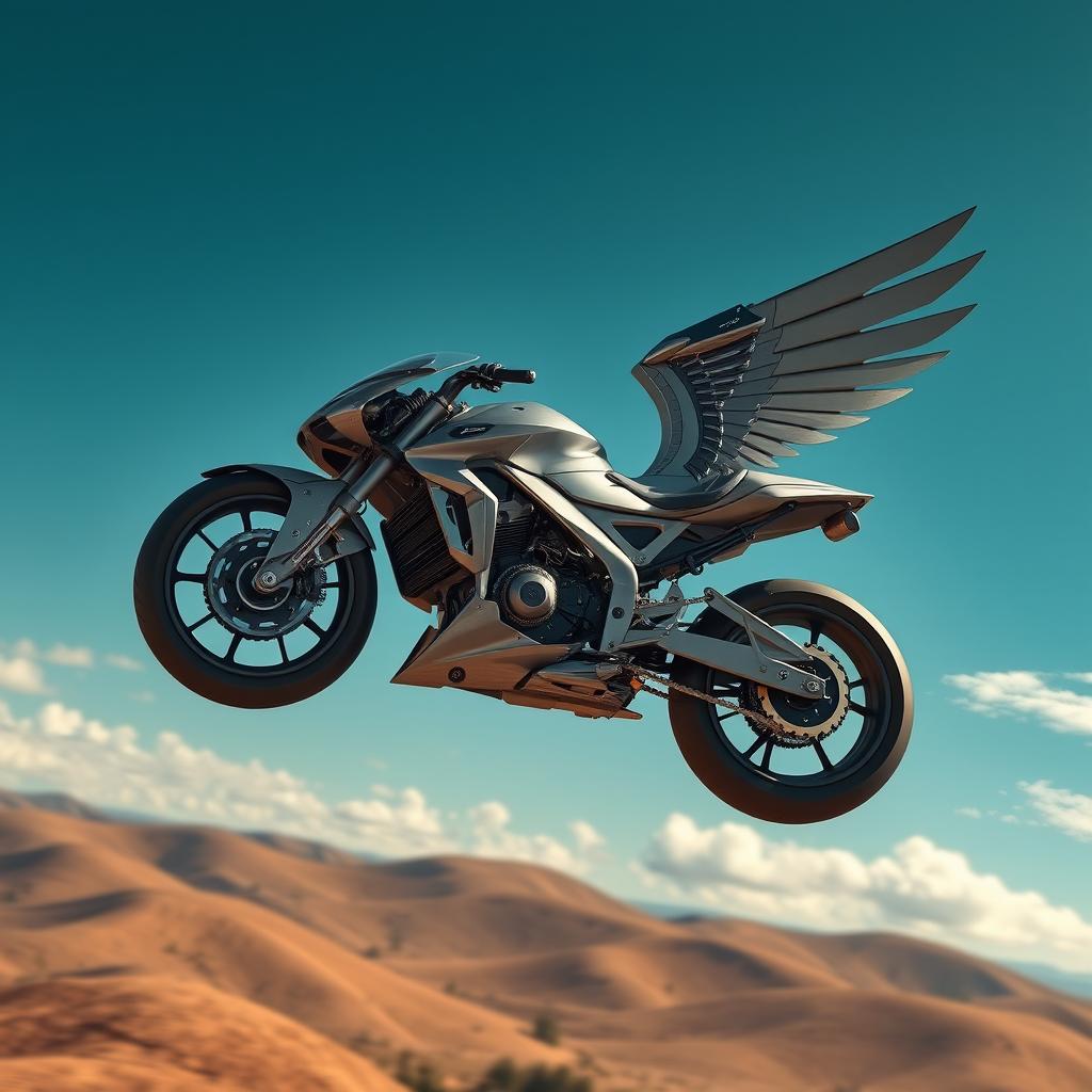 An imaginative scene showcasing a futuristic motorcycle designed with mechanical wings and talon-like wheels, soaring through the bright blue sky at breathtaking speed