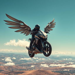 An imaginative scene showcasing a futuristic motorcycle designed with mechanical wings and talon-like wheels, soaring through the bright blue sky at breathtaking speed