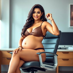 A confident woman resembling Shruti Haasan, seated gracefully on a modern office chair