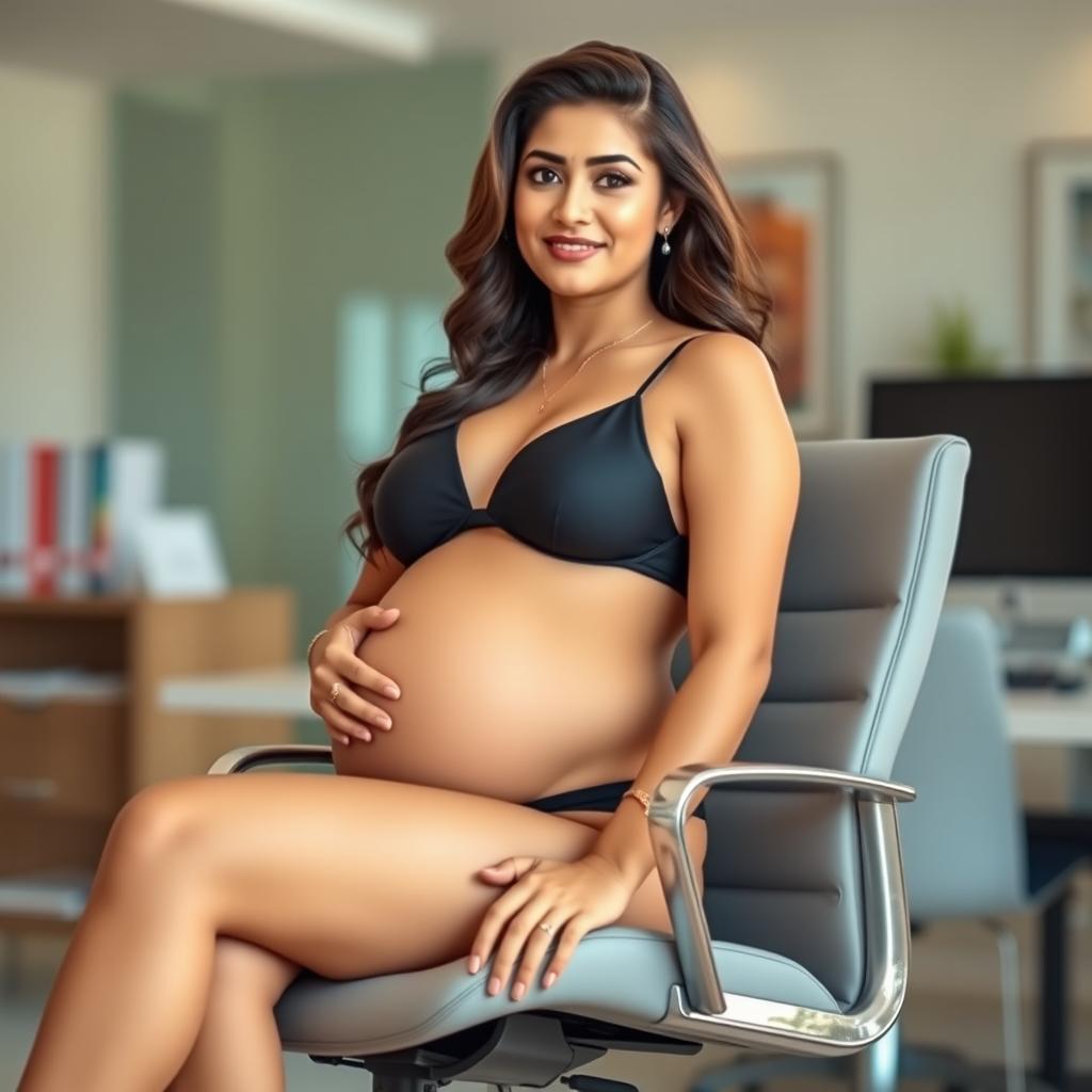 A confident woman resembling Shruti Haasan, seated gracefully on a modern office chair