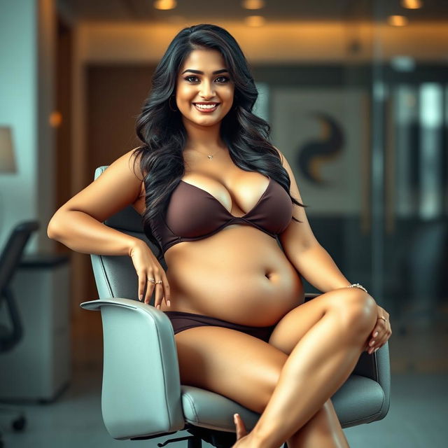 A confident woman resembling Shruti Haasan, seated gracefully on a modern office chair