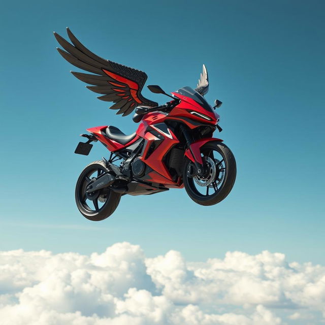 An exhilarating scene of a cutting-edge motorcycle designed with mechanical wings in shades of red and black, and featuring striking talon-like wheels, soaring powerfully through the bright blue sky at top speed