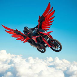 An exhilarating scene of a cutting-edge motorcycle designed with mechanical wings in shades of red and black, and featuring striking talon-like wheels, soaring powerfully through the bright blue sky at top speed