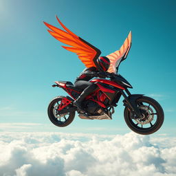 An exhilarating scene of a cutting-edge motorcycle designed with mechanical wings in shades of red and black, and featuring striking talon-like wheels, soaring powerfully through the bright blue sky at top speed