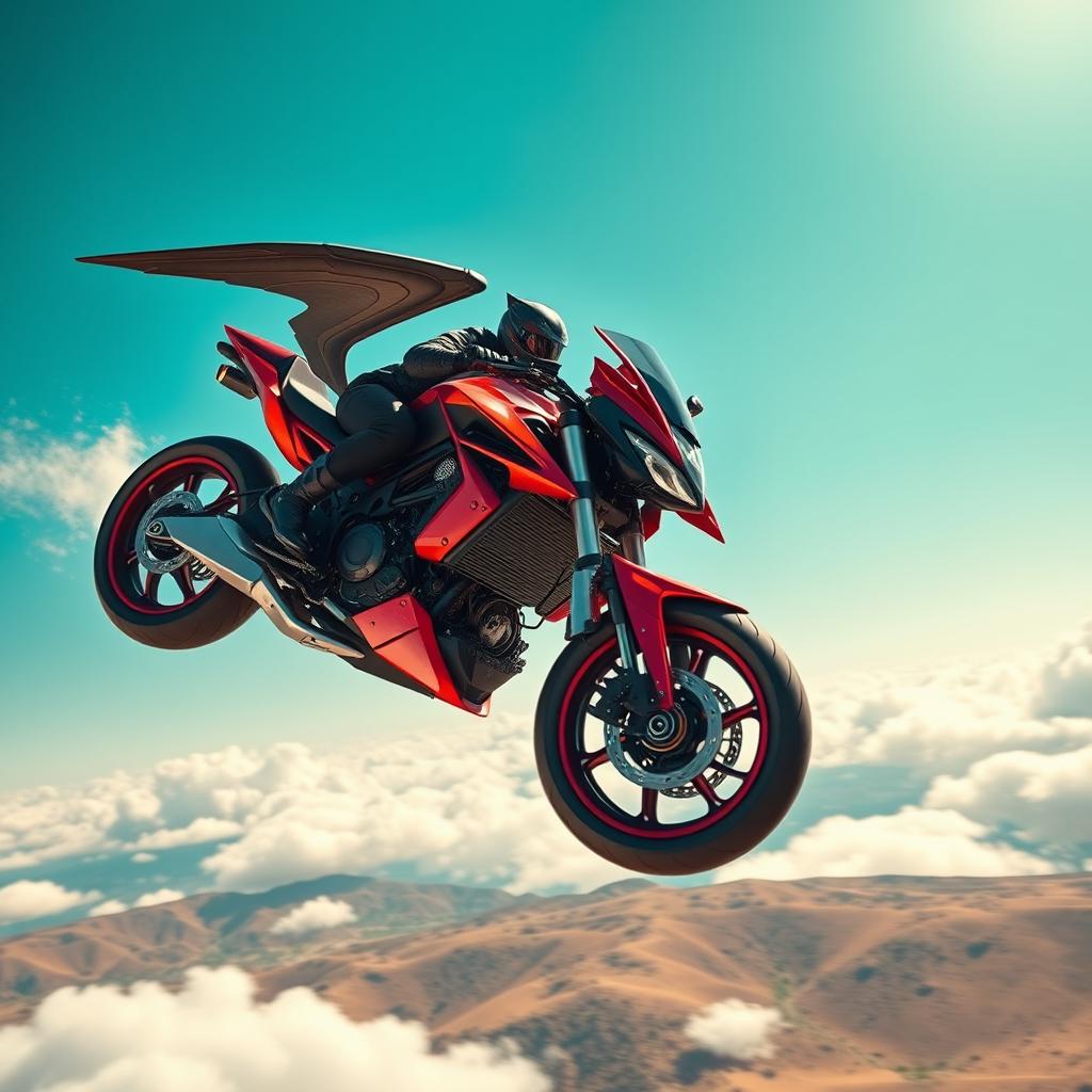 An exhilarating scene of a cutting-edge motorcycle designed with mechanical wings in shades of red and black, and featuring striking talon-like wheels, soaring powerfully through the bright blue sky at top speed