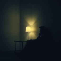 A cinematic scene of a man sitting alone in a dimly lit, minimalistic room