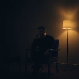 A cinematic scene of a man sitting alone in a dimly lit, minimalistic room