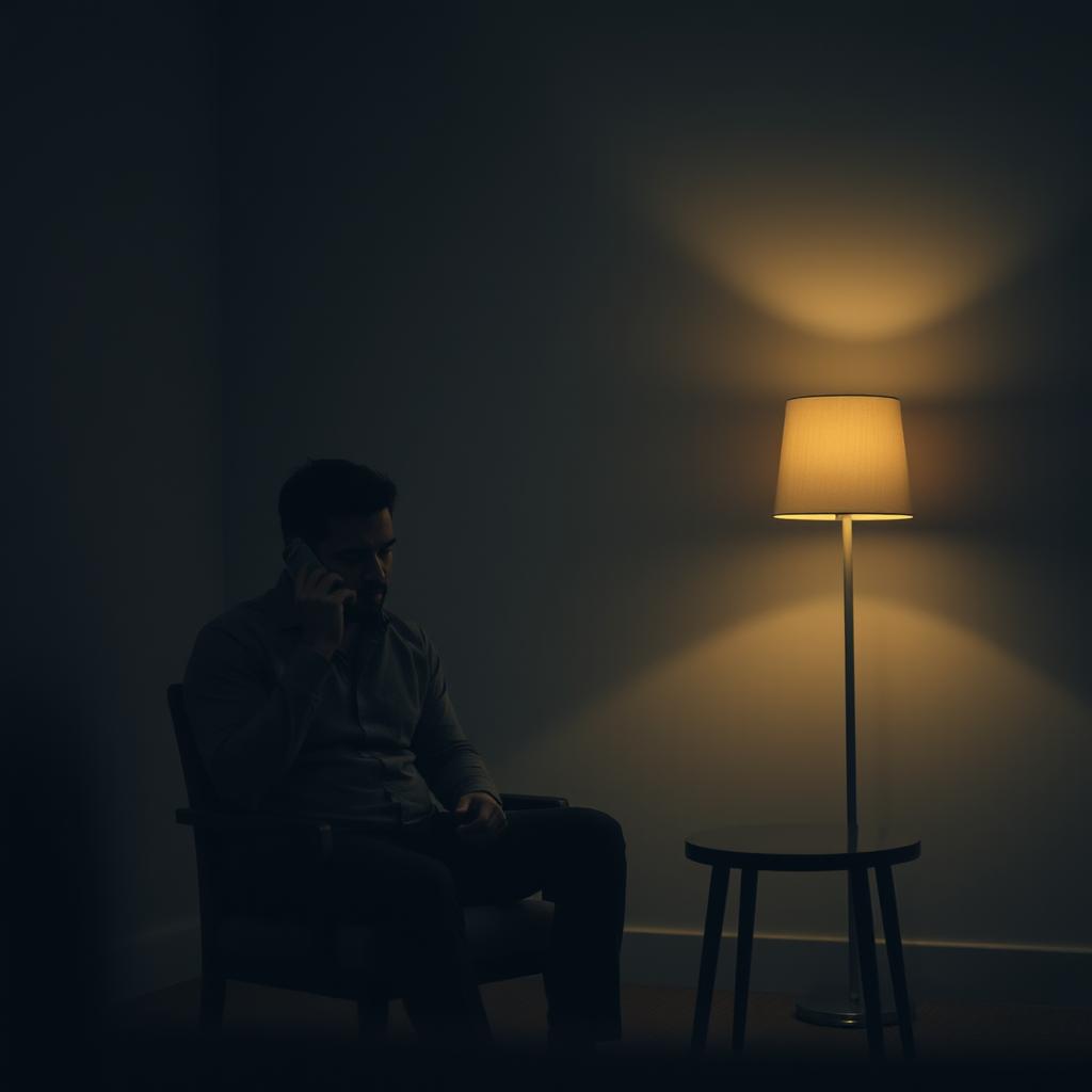 A cinematic scene of a man sitting alone in a dimly lit, minimalistic room