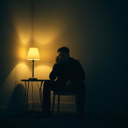 A cinematic scene of a man sitting alone in a dimly lit, minimalistic room