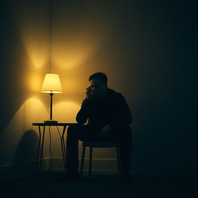 A cinematic scene of a man sitting alone in a dimly lit, minimalistic room