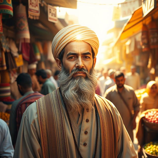 A bustling market scene featuring Imam Mahdi with a radiant, illuminated face