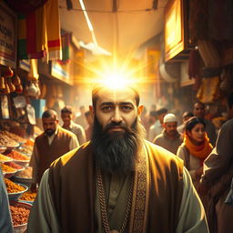A bustling market scene featuring Imam Mahdi with a radiant, illuminated face