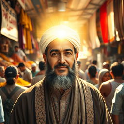 A bustling market scene featuring Imam Mahdi with a radiant, illuminated face