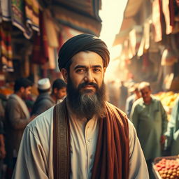 A bustling market scene featuring Imam Mahdi with a radiant, illuminated face