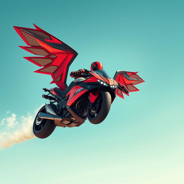 An exciting and vibrant scene of a high-tech motorcycle equipped with two mechanical wings in striking red and black colors, soaring through a bright blue sky at top speed