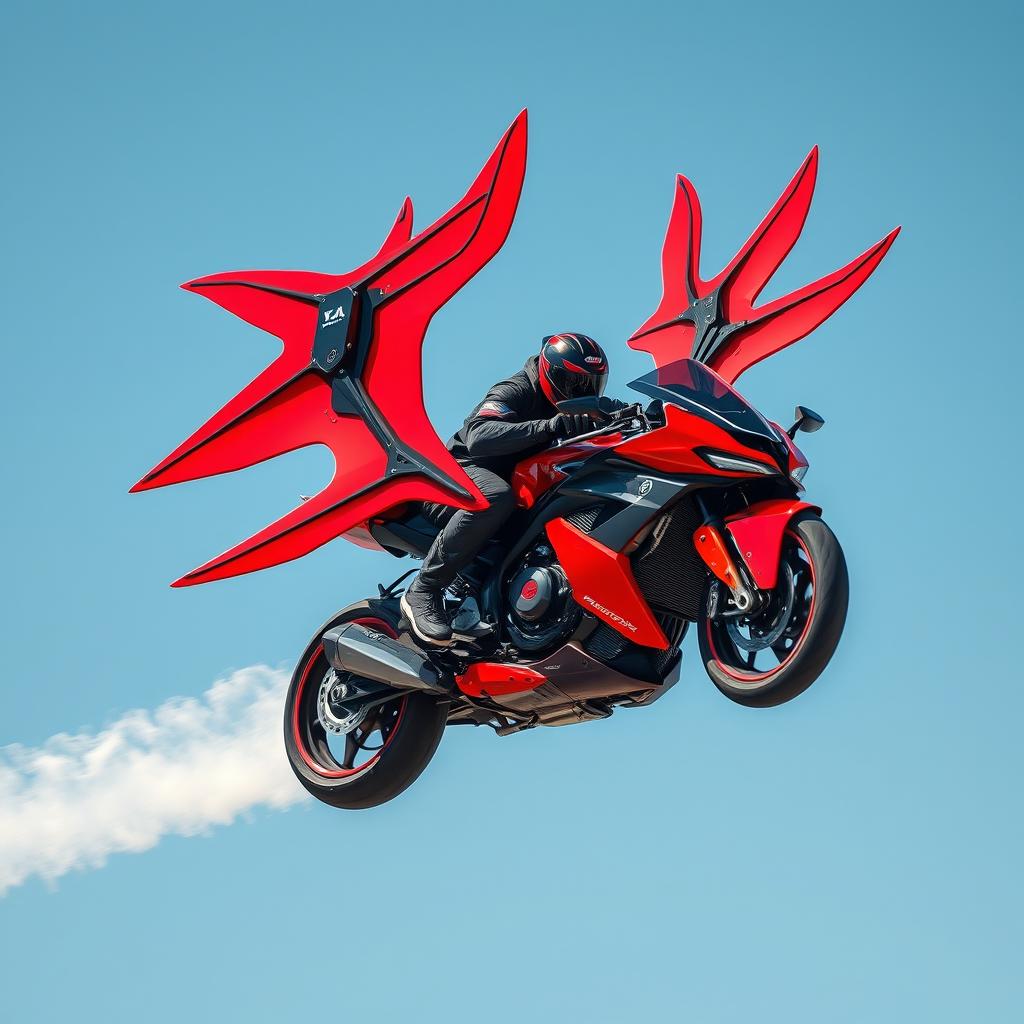 An exciting and vibrant scene of a high-tech motorcycle equipped with two mechanical wings in striking red and black colors, soaring through a bright blue sky at top speed