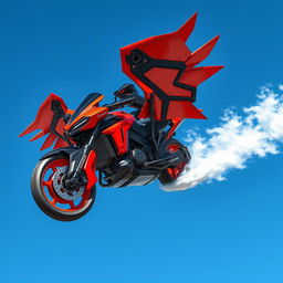 An exciting and vibrant scene of a high-tech motorcycle equipped with two mechanical wings in striking red and black colors, soaring through a bright blue sky at top speed