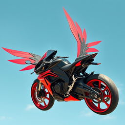 An exciting and vibrant scene of a high-tech motorcycle equipped with two mechanical wings in striking red and black colors, soaring through a bright blue sky at top speed