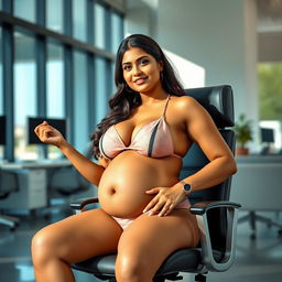 A confident woman resembling Shruti Haasan, seated gracefully on a modern office chair