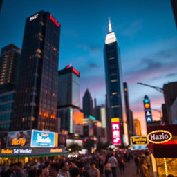 A vibrant cityscape at dusk with towering skyscrapers reflecting colorful lights, blurred background emphasizing depth, bright neon signs illuminating the scene, a lively street filled with people enjoying their evening, warm tones in the sky transitioning to a deep blue, cinematic feel