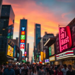 A vibrant cityscape at dusk with towering skyscrapers reflecting colorful lights, blurred background emphasizing depth, bright neon signs illuminating the scene, a lively street filled with people enjoying their evening, warm tones in the sky transitioning to a deep blue, cinematic feel