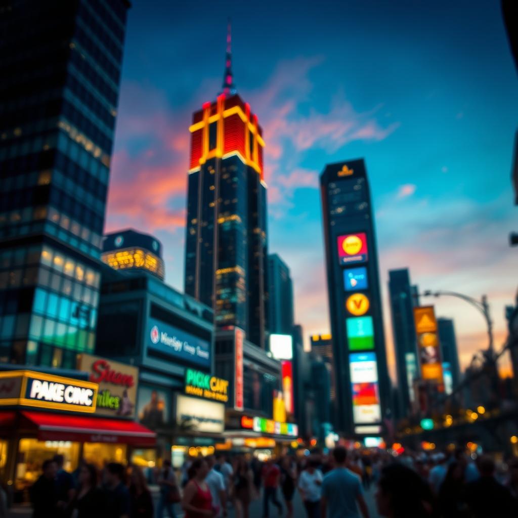 A vibrant cityscape at dusk with towering skyscrapers reflecting colorful lights, blurred background emphasizing depth, bright neon signs illuminating the scene, a lively street filled with people enjoying their evening, warm tones in the sky transitioning to a deep blue, cinematic feel