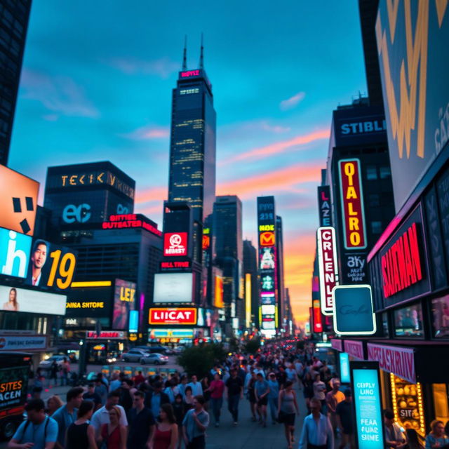 A vibrant cityscape at dusk with towering skyscrapers reflecting colorful lights, blurred background emphasizing depth, bright neon signs illuminating the scene, a lively street filled with people enjoying their evening, warm tones in the sky transitioning to a deep blue, cinematic feel