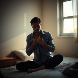 A poignant scene of a man sitting on a bed, holding a shirt tightly against his chest, as if grasping a cherished memory