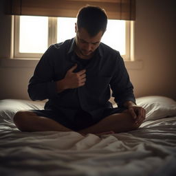 A poignant scene of a man sitting on a bed, holding a shirt tightly against his chest, as if grasping a cherished memory