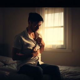 A poignant scene of a man sitting on a bed, holding a shirt tightly against his chest, as if grasping a cherished memory