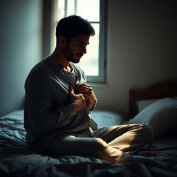 A poignant scene of a man sitting on a bed, holding a shirt tightly against his chest, as if grasping a cherished memory