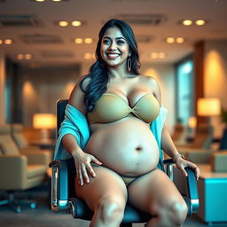 A confident woman resembling Shruti Haasan, comfortably seated on a modern office chair, wearing a stylish bikini that emphasizes her big belly and ample breasts