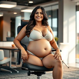 A confident woman resembling Shruti Haasan, comfortably seated on a modern office chair, wearing a stylish bikini that emphasizes her big belly and ample breasts