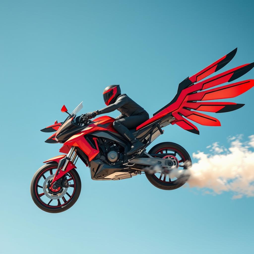 An exhilarating scene featuring a high-tech motorcycle designed with two mechanical wings in striking red and black colors, and talon-like wheels, powerfully soaring through the bright blue sky at top speed