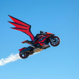 An exhilarating scene featuring a high-tech motorcycle designed with two mechanical wings in striking red and black colors, and talon-like wheels, powerfully soaring through the bright blue sky at top speed