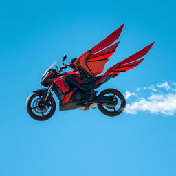 An exhilarating scene featuring a high-tech motorcycle designed with two mechanical wings in striking red and black colors, and talon-like wheels, powerfully soaring through the bright blue sky at top speed