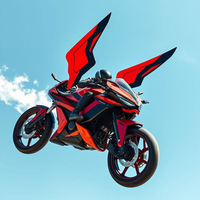 An exhilarating scene featuring a high-tech motorcycle designed with two mechanical wings in striking red and black colors, and talon-like wheels, powerfully soaring through the bright blue sky at top speed