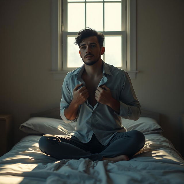 A scene featuring a solitary man sitting on a bed, holding a shirt tightly against his chest, as if trying to hold onto a cherished memory